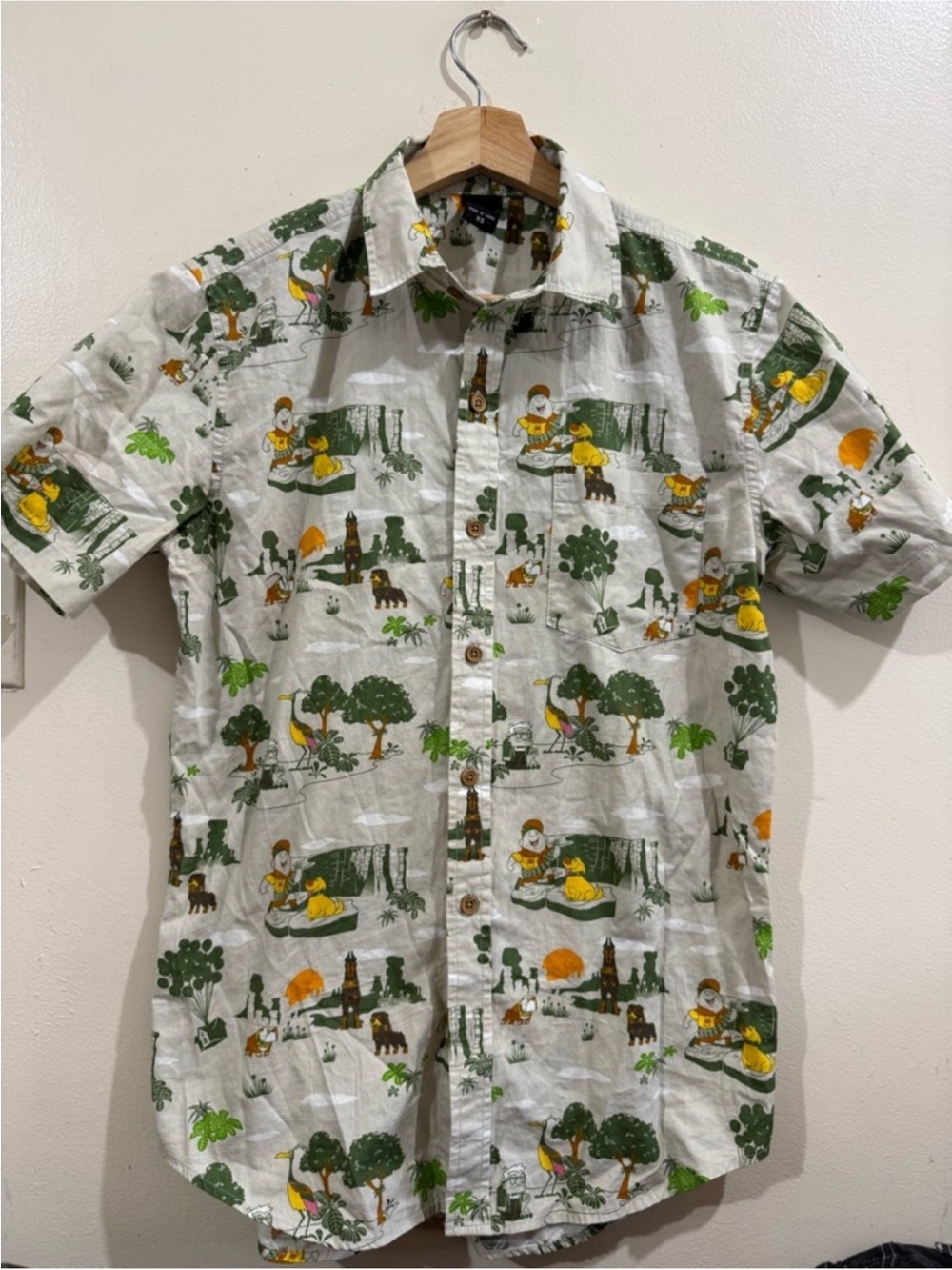 Pixar Men's Short-Sleeve Button-Down Shirt in White with Green & Yellow Print